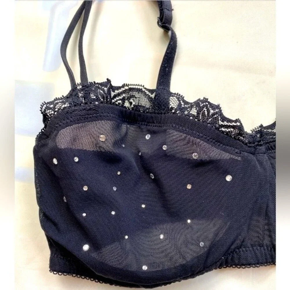 H&M Balcony Bra U/Wired Non-Padded W/ Rhinestone Sexy Mesh & Lace 34D Black VTG
